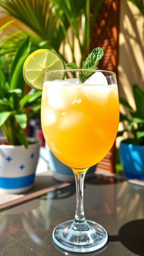 A refreshing Rum and Ginger Beer Fizz cocktail garnished with lime and mint on a sunny patio.